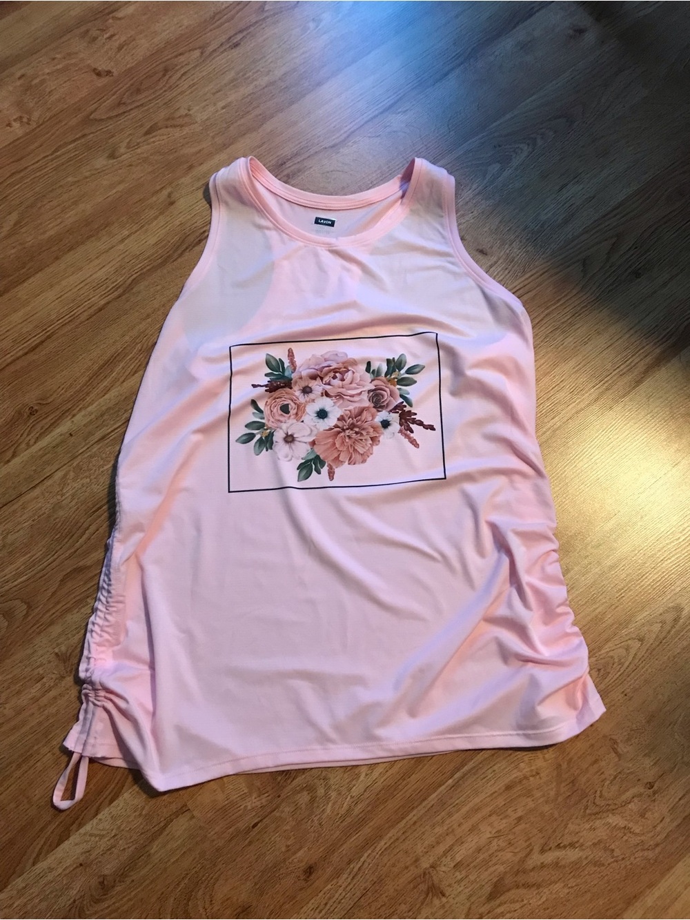 Women’s Light Pink Floral Muscle Tee with Side Ruched Detail